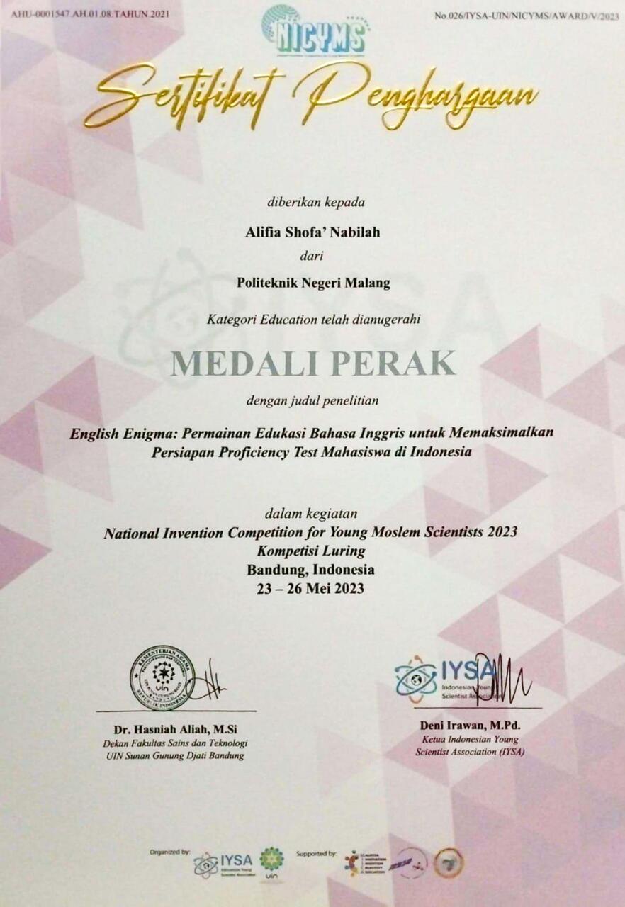 Silver Medal at the National Competition for Young Moslem Scientists (NICYMS), Bandung 2023.