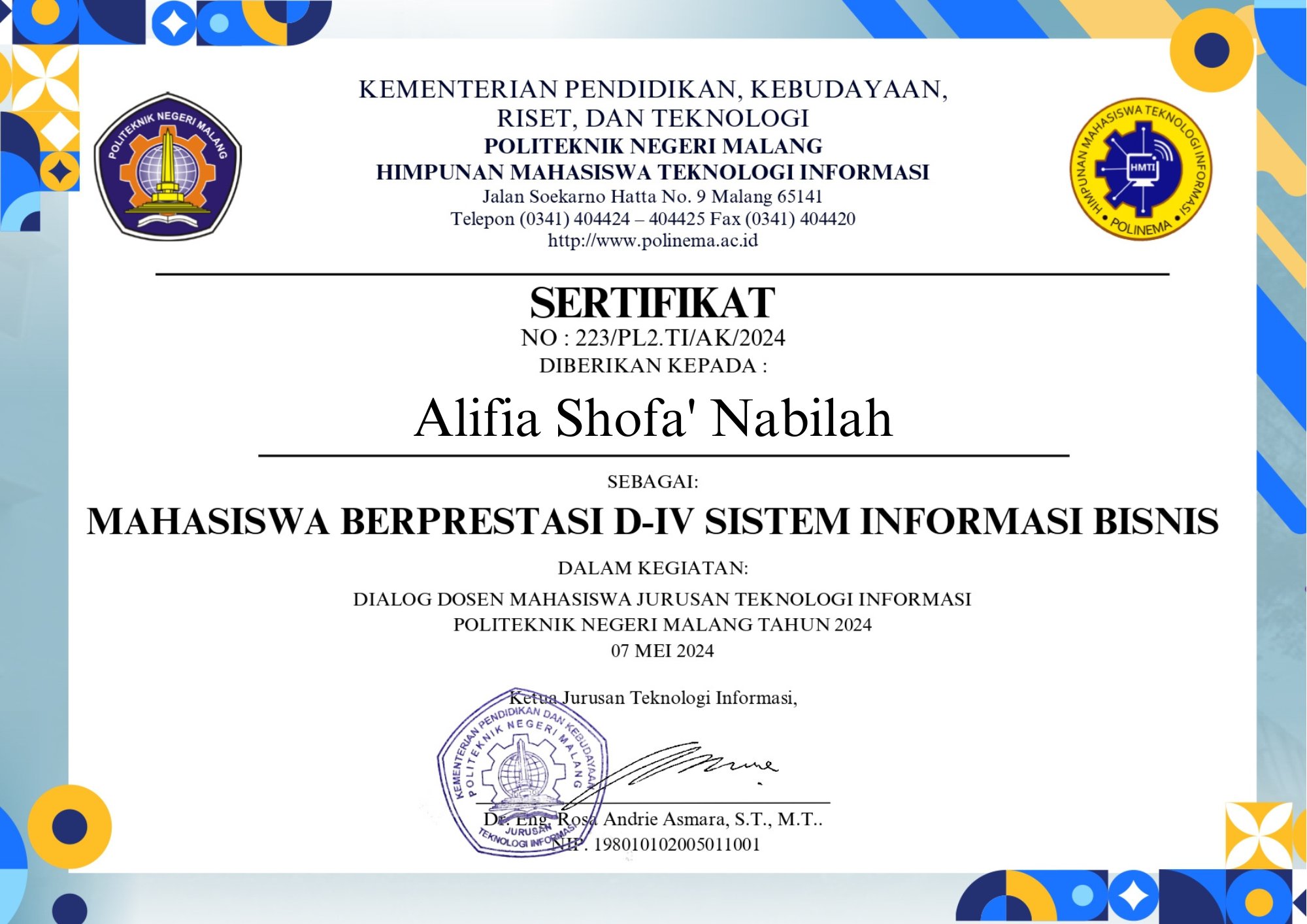 Mahasiswa Berprestasi D-IV Sistem Informasi Bisnis